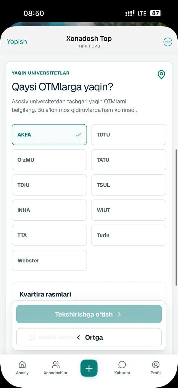 Bektemirdagi 0 xonali kvartiraning asosiy xonasi